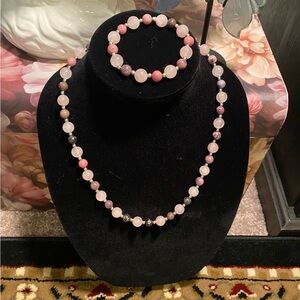 Pink Quartz and Rhodonite  Beaded Necklace and Bracelet Set